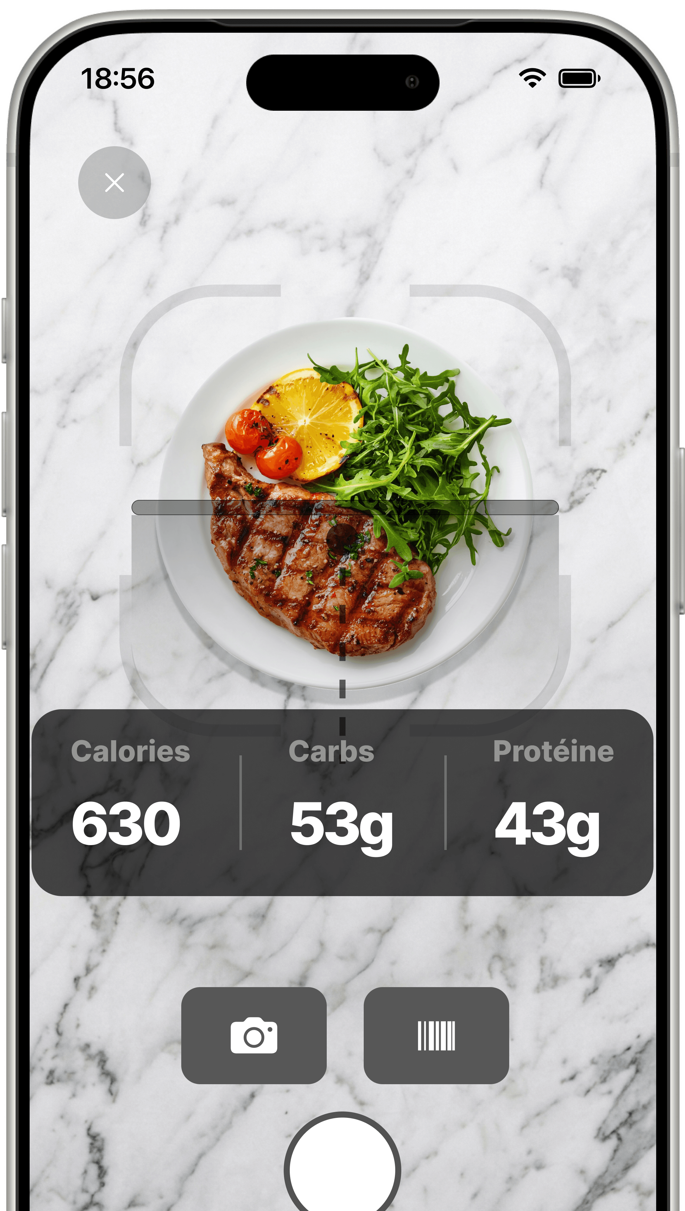 Plate scan: calories and macros detected